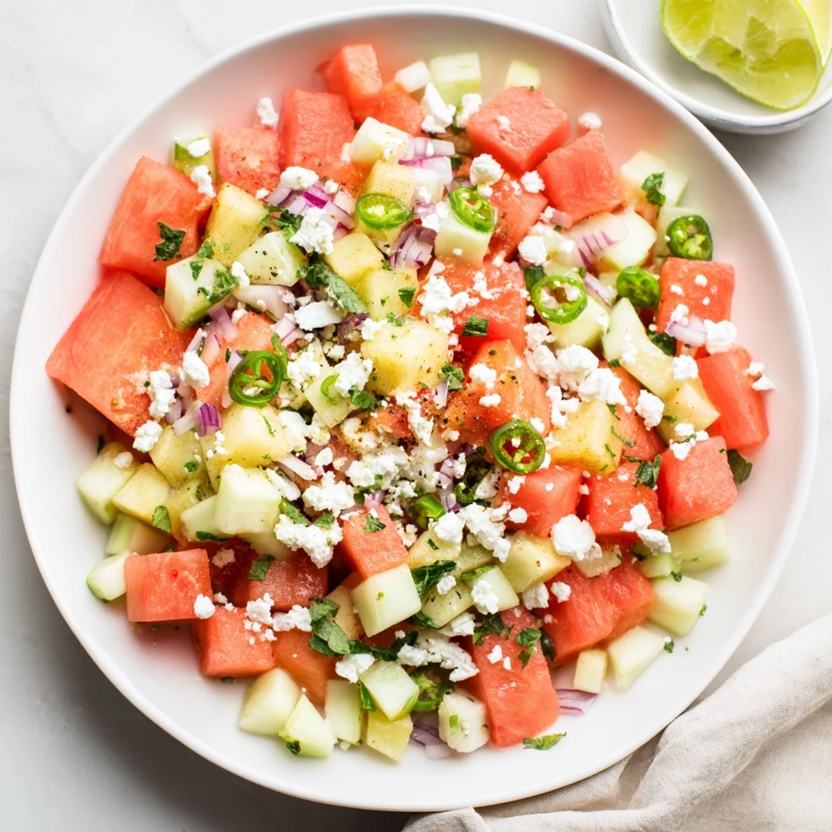Vibrant, healthy Cucumber and Watermelon Hot Girl Salad arranged with fresh ingredients, ready to eat.