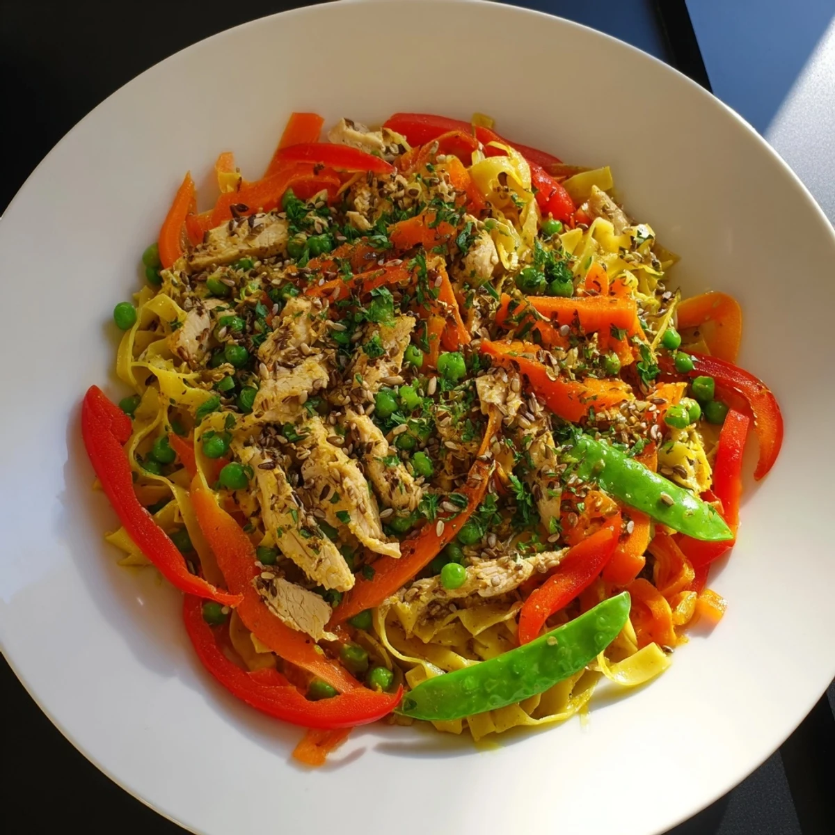 Golden-brown Lemon-Garlic Chicken Stir Fry with noodles, sizzling fresh from the wok, ready to serve and enjoy.