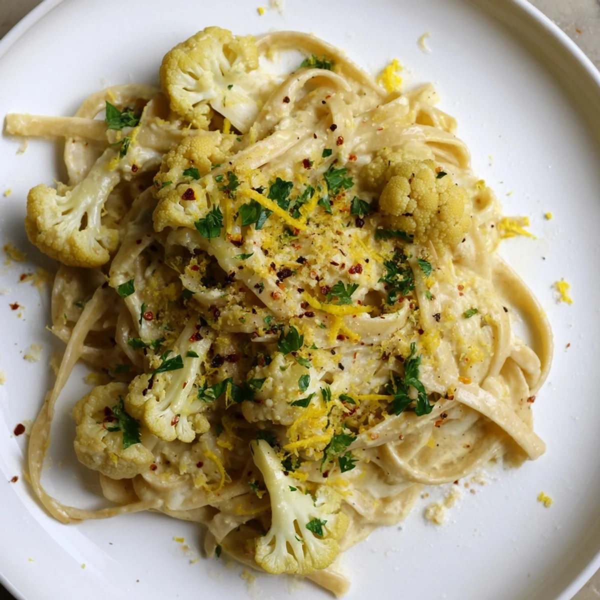 Golden-roasted cauliflower blends into a rich sauce for this easy Creamy Roasted Cauliflower Garlic Pasta.