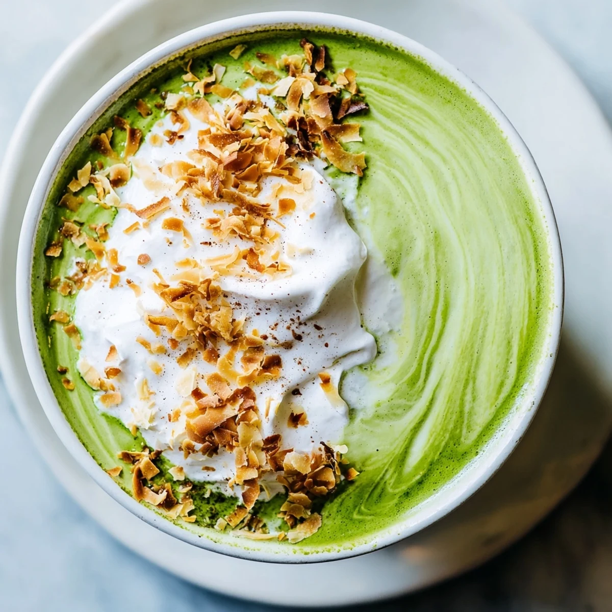 A refreshing glass of Toasted Coconut Gingerbread Iced Matcha with visible layers and toasted coconut.