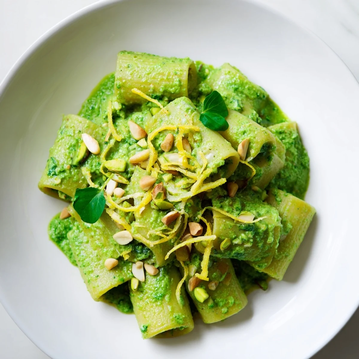 A bowl of creamy Green Pea & Spinach Elf Green Protein Pasta, topped with lemon zest.