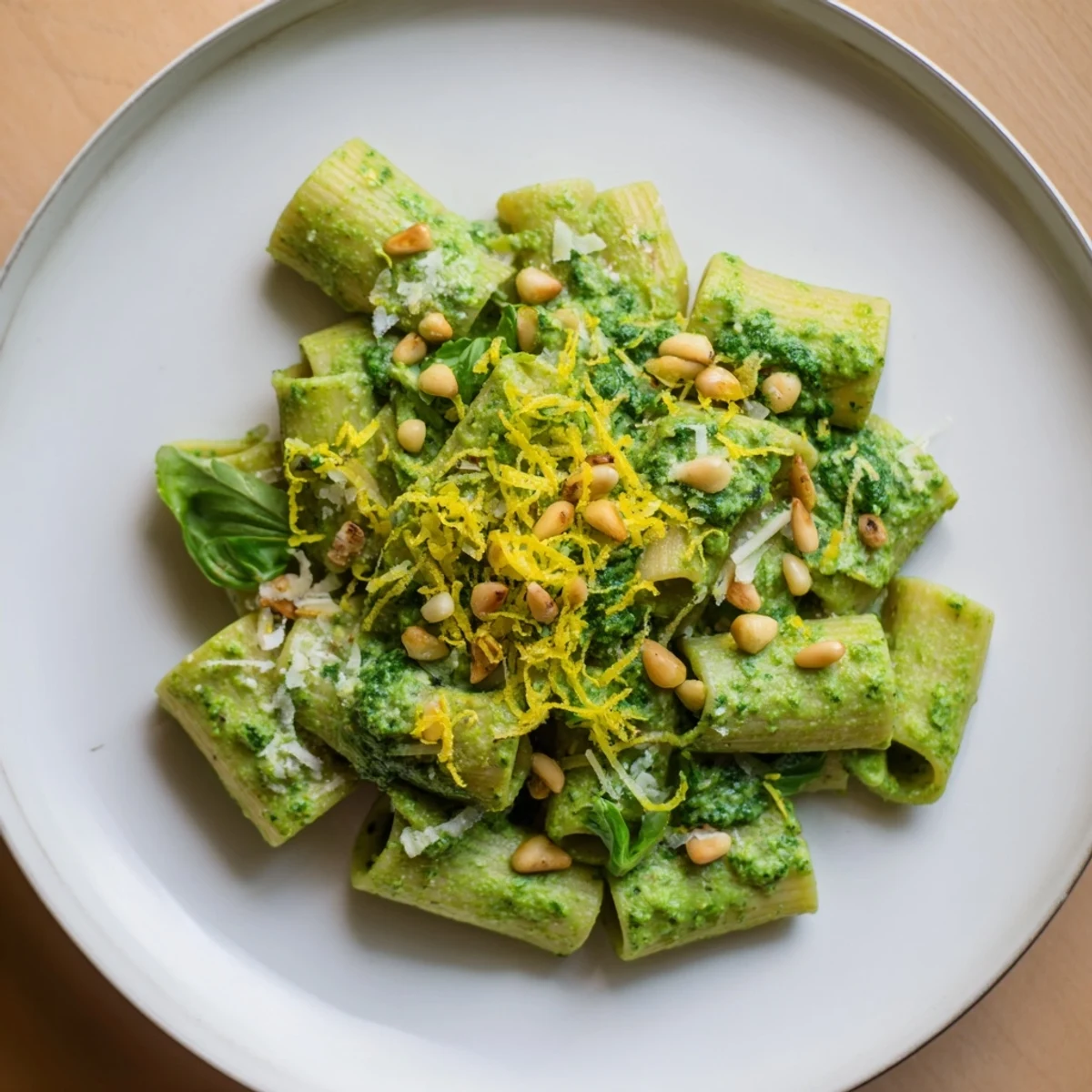 Enjoy a flavorful plate of Green Pea & Spinach Elf Green Protein Pasta with toasted pine nuts, a vegetarian delight.