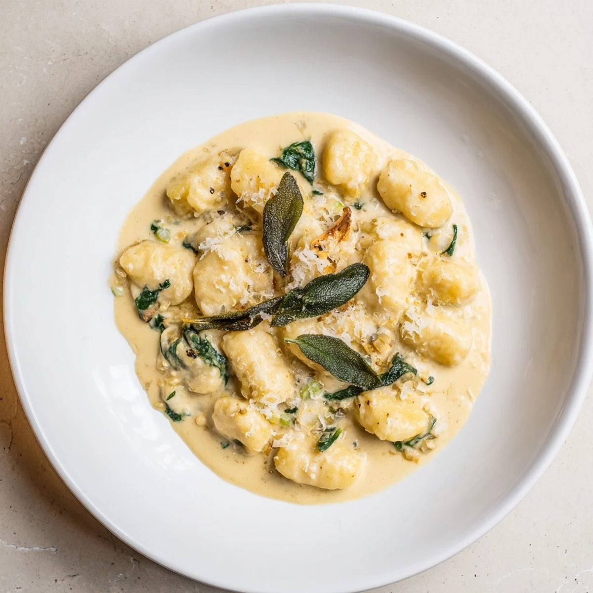 Savory One-Pot Creamy Pumpkin Sage Gnocchi pasta simmering, showing fluffy gnocchi and creamy sauce.