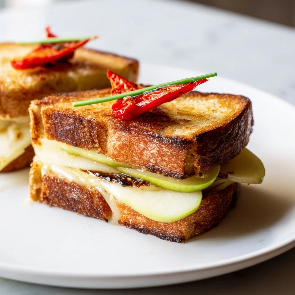 Golden grilled Brie, Apple & Honey Christmas Candle Grilled Cheese, ready to be sliced and served.