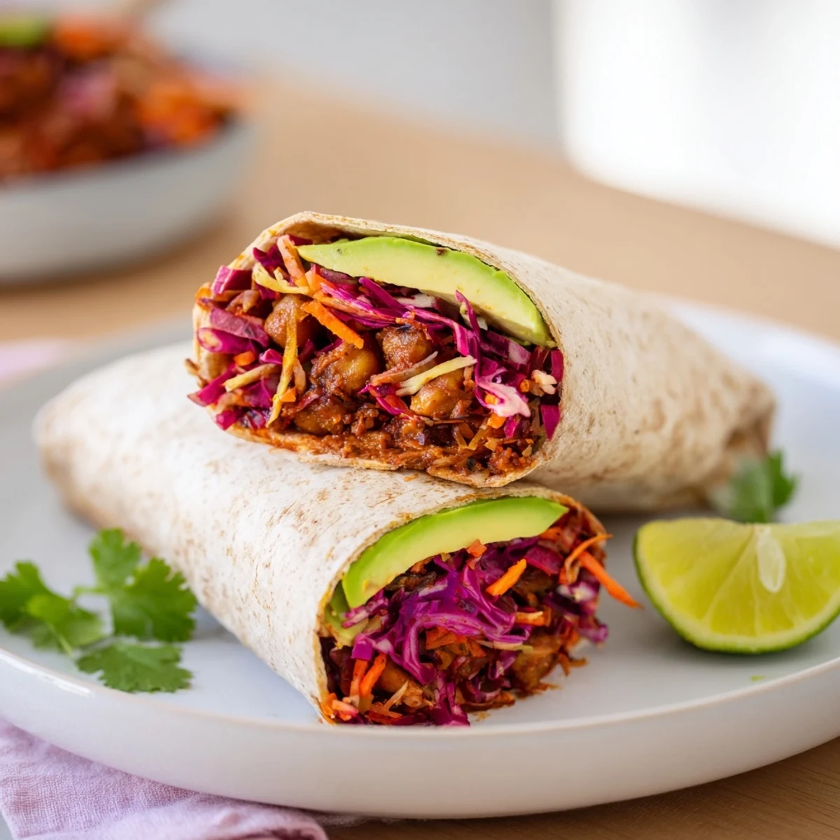 Freshly-made BBQ Chickpea & Slaw Wraps are ready to eat, served with lime wedges for a bright flavor.
