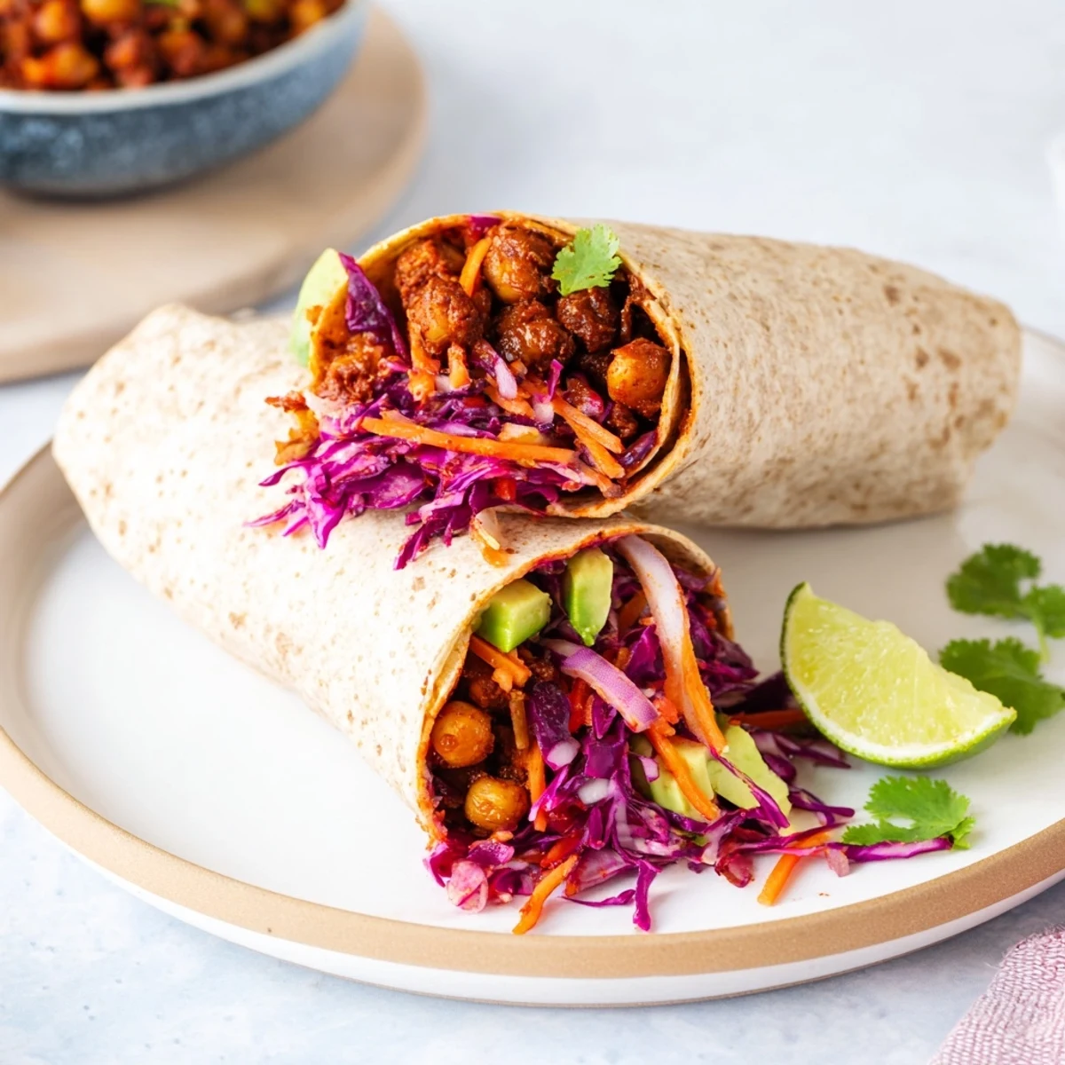 Golden-brown, crispy BBQ chickpeas perfectly seasoned sit nestled atop a vibrant slaw in this wrap.