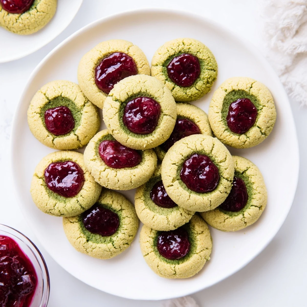 A close-up of buttery, delicate Matcha Cranberry Shortbread Thumbprint Cookies, ready to be enjoyed with tea.