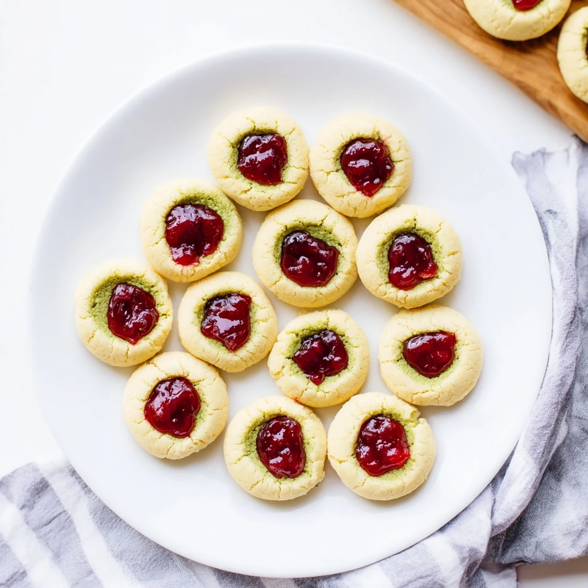 Perfectly baked Matcha Cranberry Shortbread Thumbprint Cookies offer sweet-tart cranberry filling in a buttery delight.