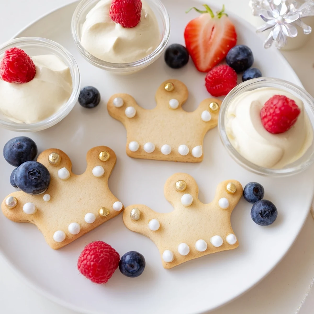 A Princess Crown Dessert Tray: dazzling crown cookies and creamy white chocolate mousse, perfect treat.