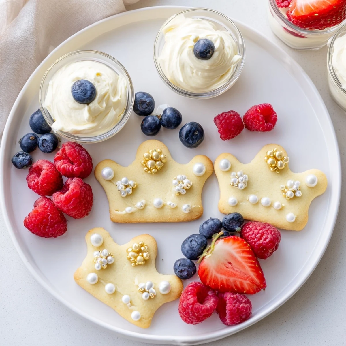 Imagine the delight: a Princess Crown Dessert Tray with sugar cookie crowns and berry "jewels."