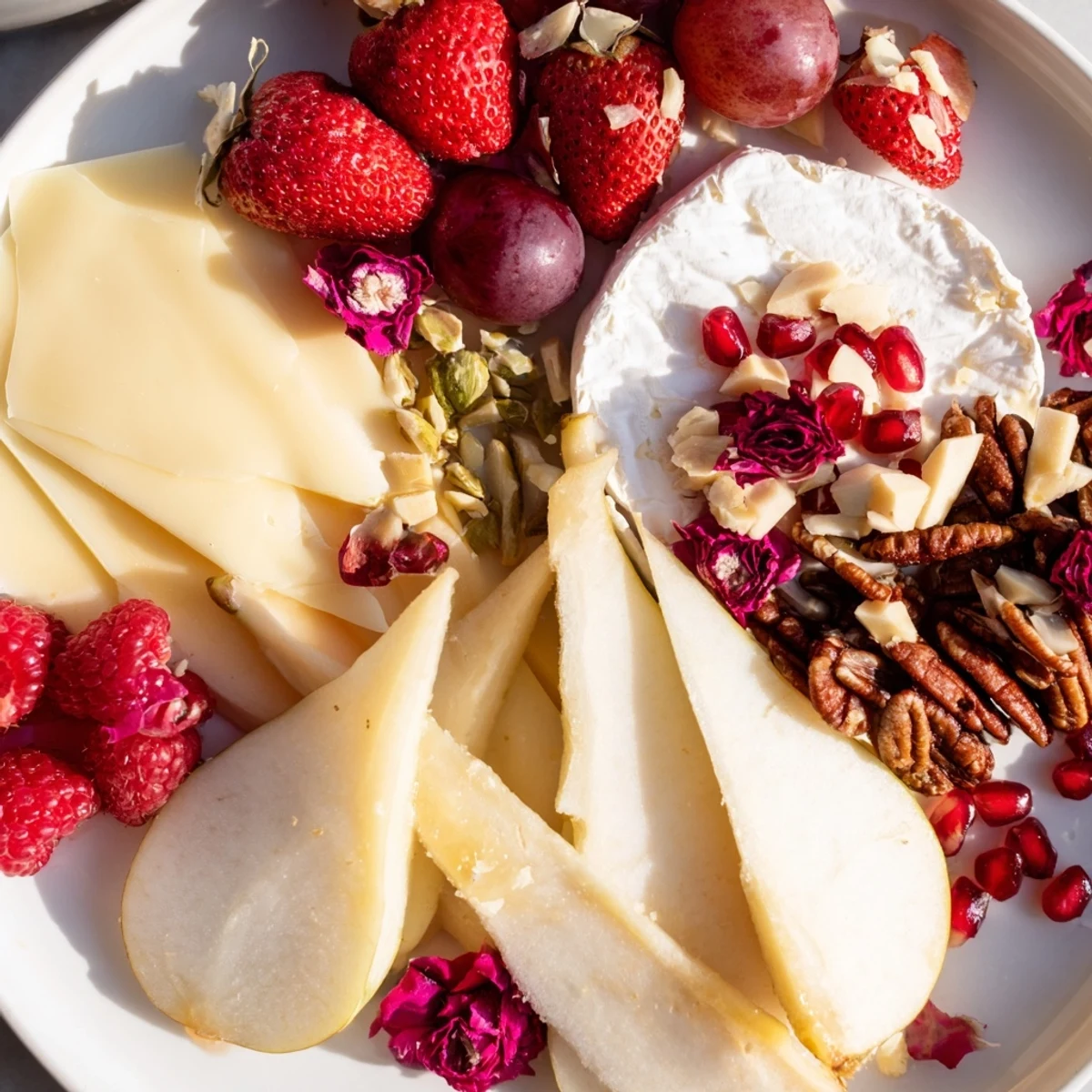 A Rose Garden Romantic Platter with vibrant fruits, cheeses, and edible rose petals, ready to enjoy.
