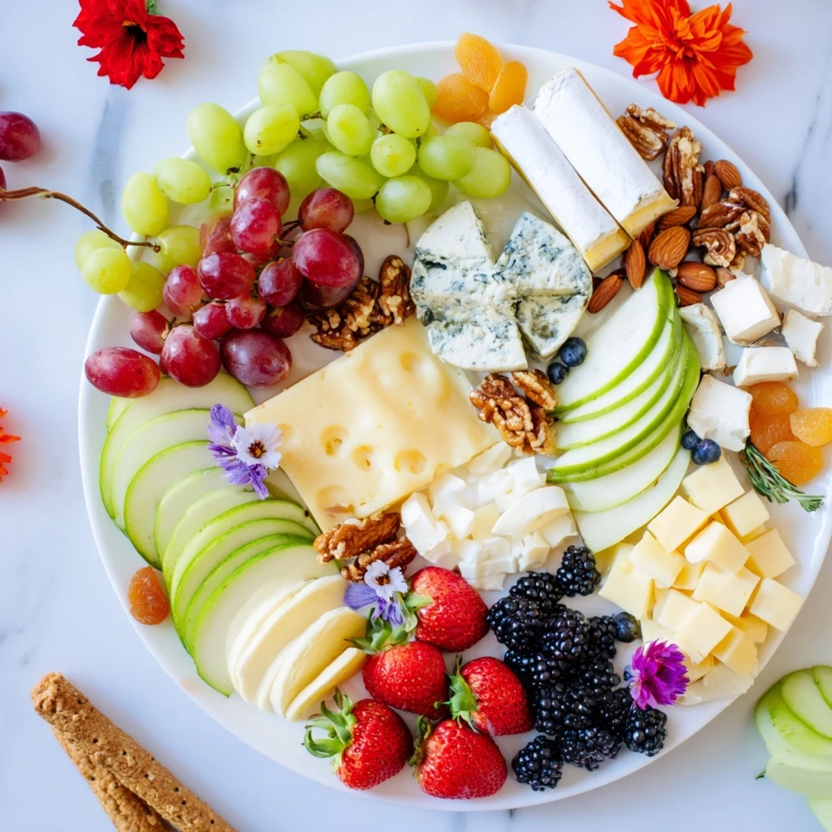 Vibrant Enchanted Forest Grazing Board, a platter of fresh fruits, cheeses, and crackers ready to enjoy.