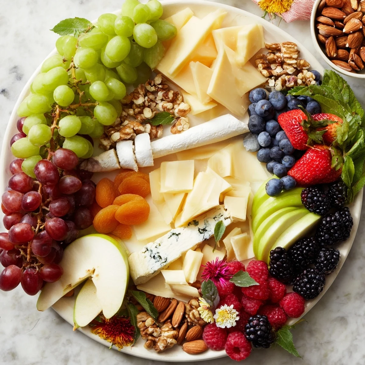 Magical Enchanted Forest Grazing Board with grapes, cheeses, and nuts creating a delicious, vegetarian appetizer.