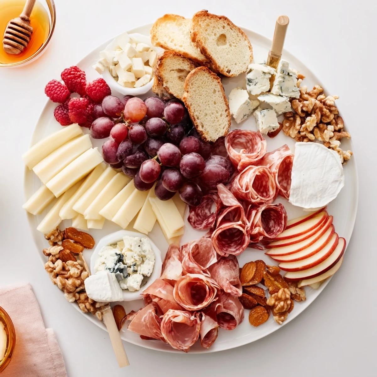 An inviting Lace & Pearls Elegant Board displays artisan cheeses, fruits, and meats, perfect for entertaining guests.