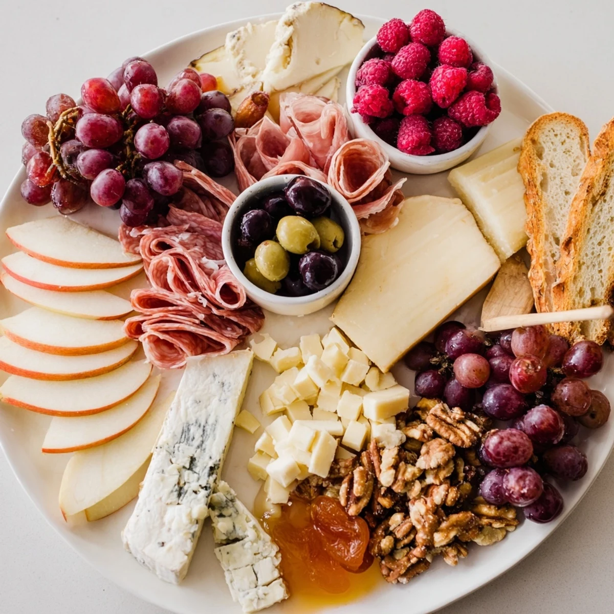Visualize a Lace & Pearls Elegant Board full of colorful fruits, cheeses, and charcuterie ready to serve.
