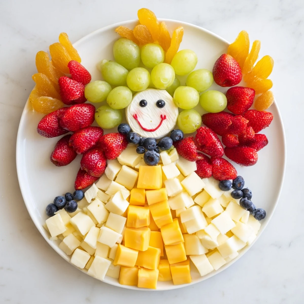 Delicious Cherub Angel Snack Tray featuring fresh grapes, cheese cubes, and vibrant red strawberries.