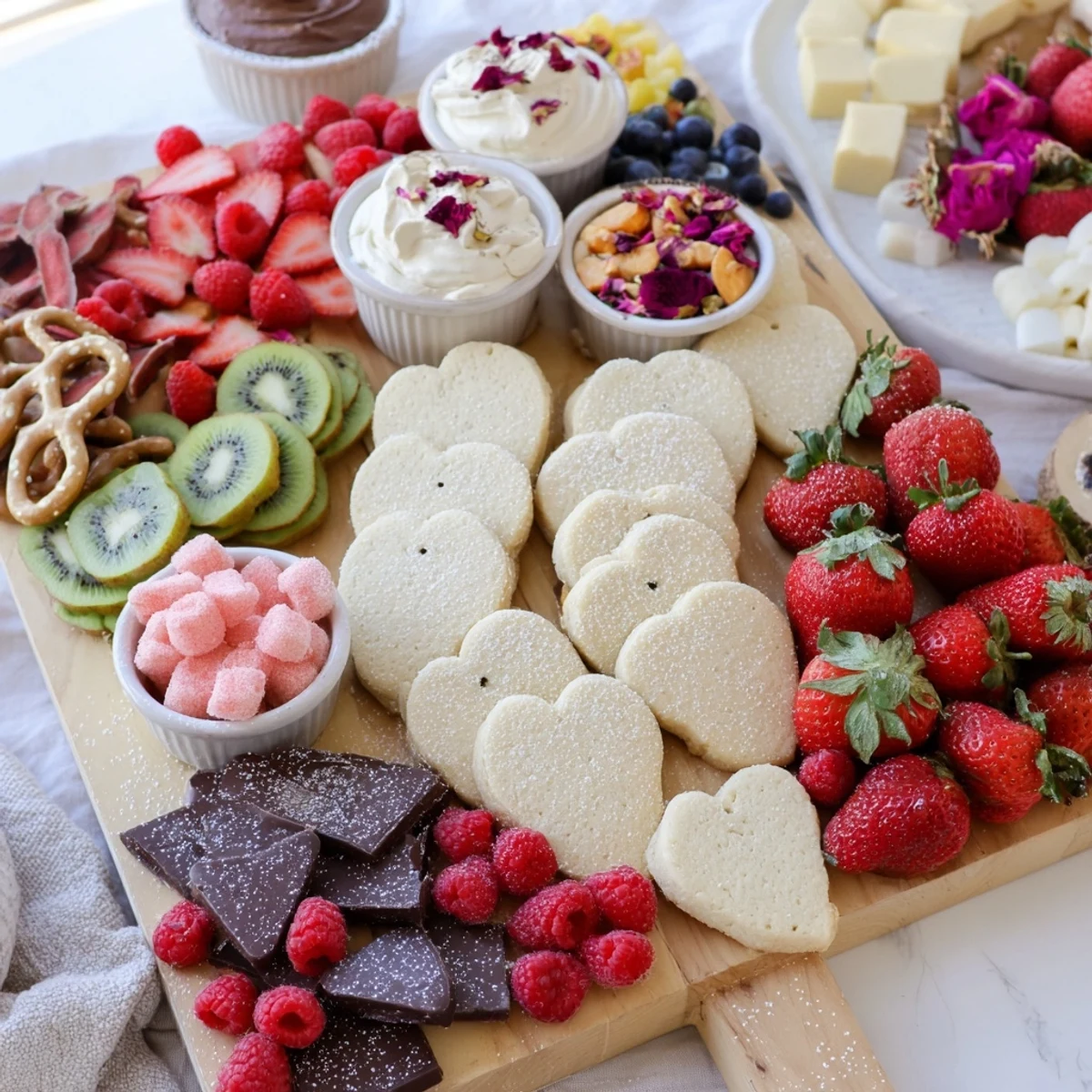 A romantic Love Letter Dessert Board with glistening fresh fruit, cookies, and chocolate truffles.