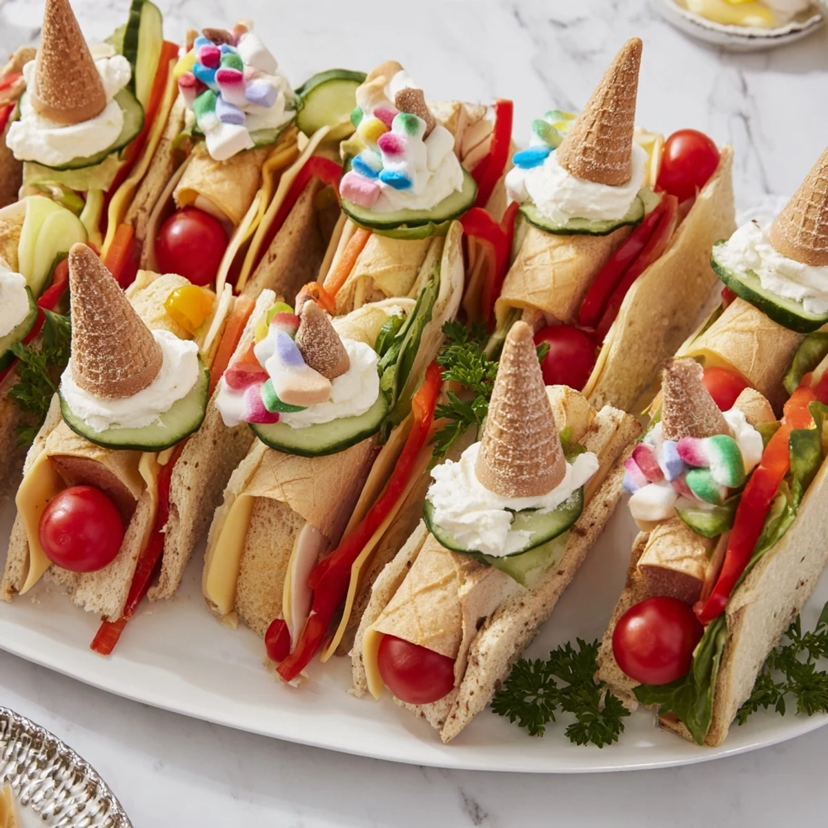 An inviting Fairy Tale Castle Platter made with mini sandwiches, festive candies, and fresh produce.