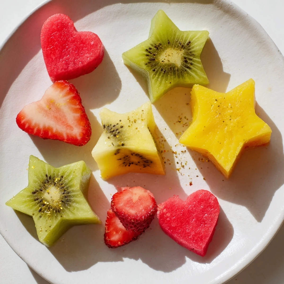 Midnight Kiss star and heart cocktail garnishes, ruby red strawberry hearts and golden star kiwi ready to garnish drinks.