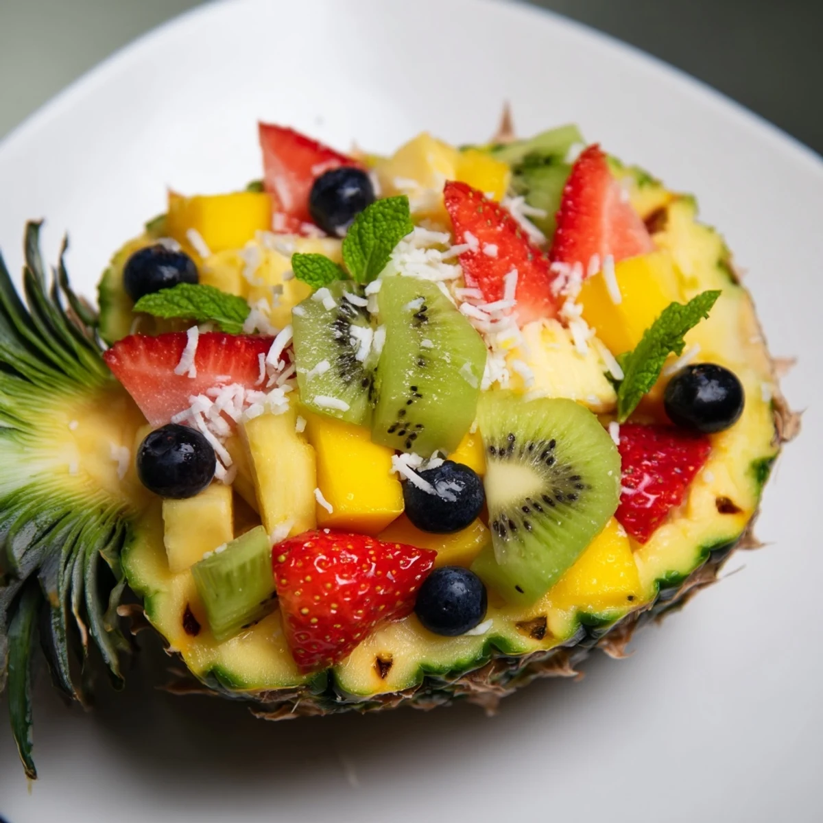 Freshly made Tropical Bliss Pineapple Fruit Boat showcasing the beauty of a tropical summer dessert, ready to serve.