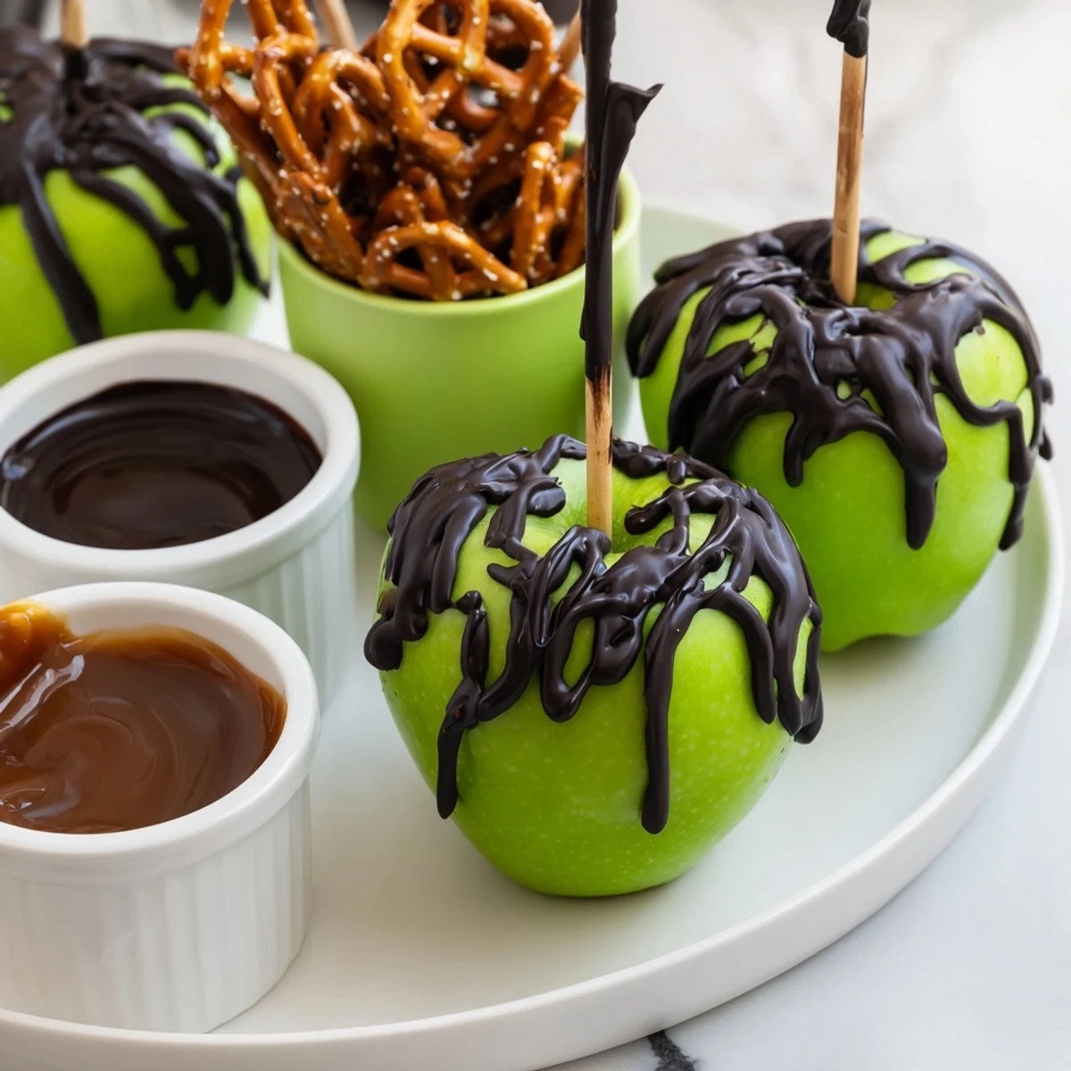 Shiny black poison apples on a Halloween treat board surrounded by spooky sweets.