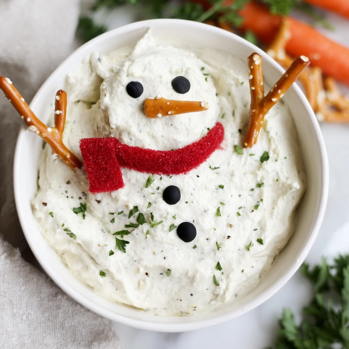 Melted Snowman Dip, a creamy, whimsical appetizer served with colorful bell pepper scarves and pretzel arms.