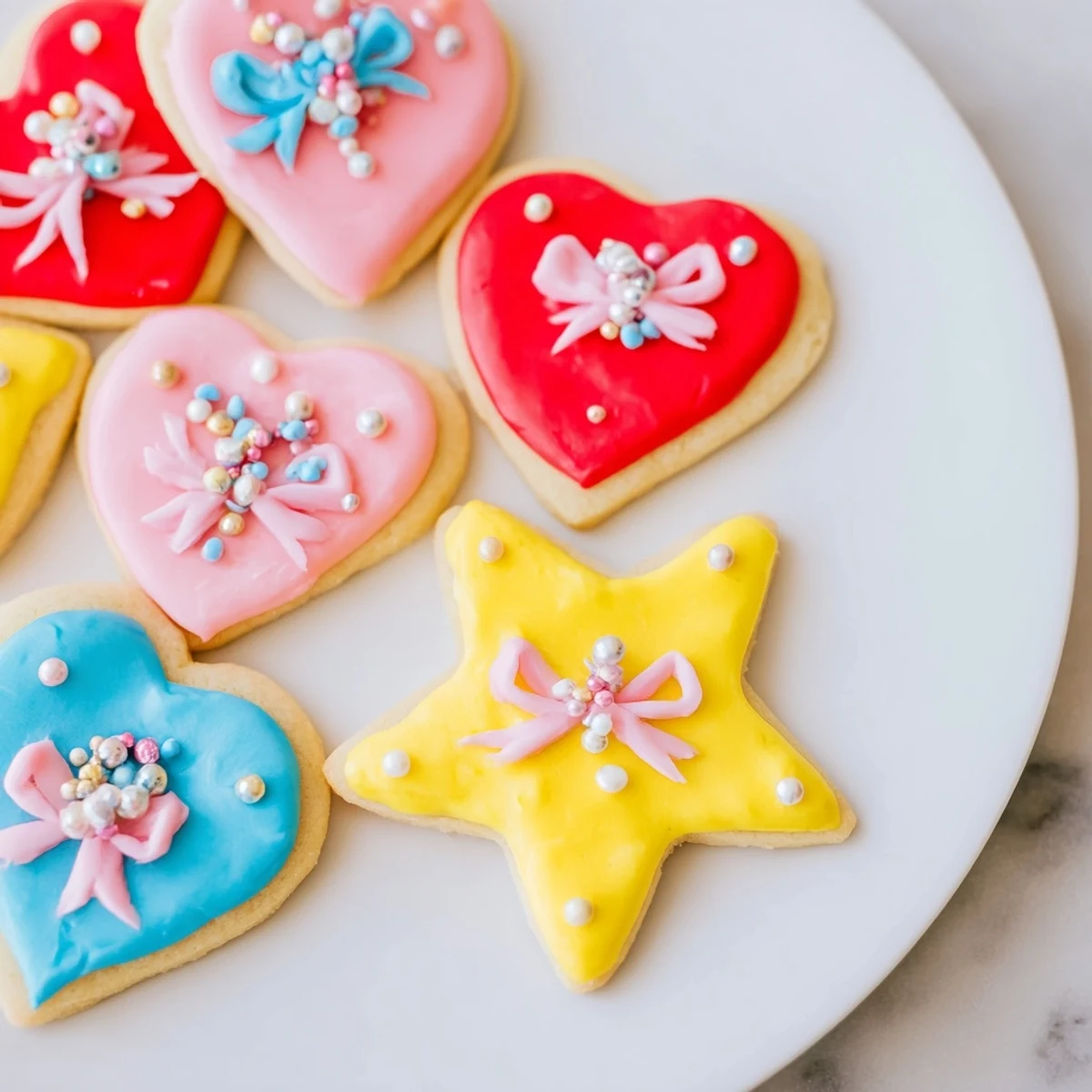 Freshly baked Pretty Bows Heart & Star Cookies, complete with lovely icing, ready for a sweet afternoon.