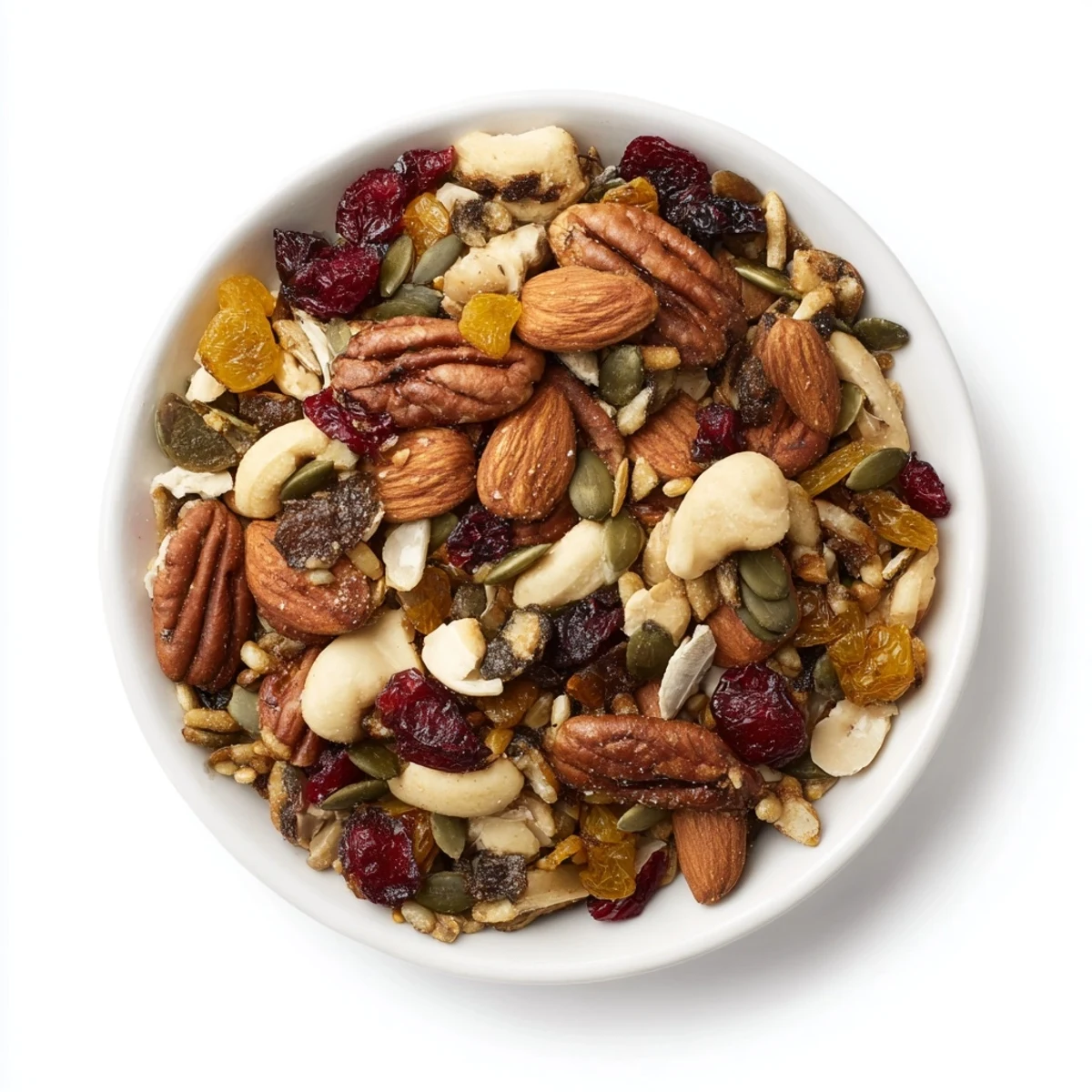 Close-up of a bountiful Nutty Nosh Squirrel Snack Mix bowl, with roasted nuts and sweet dried fruit.