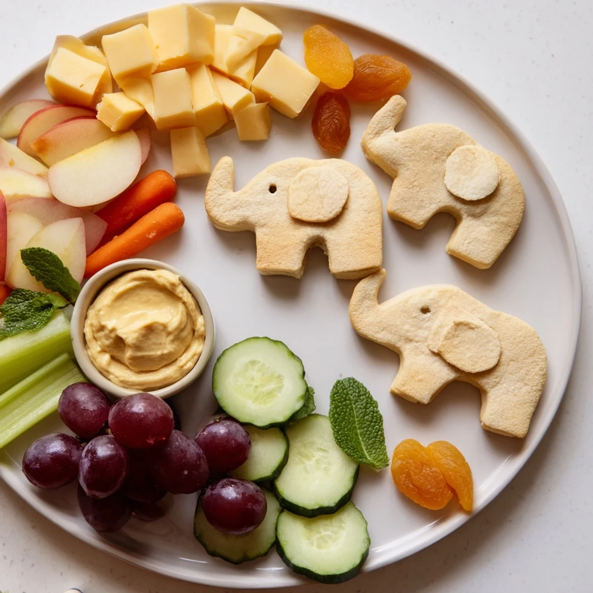 A colorful Gentle Giant Elephant Cracker Board: Elephant crackers with cheese, fruit, and dips for snacking.