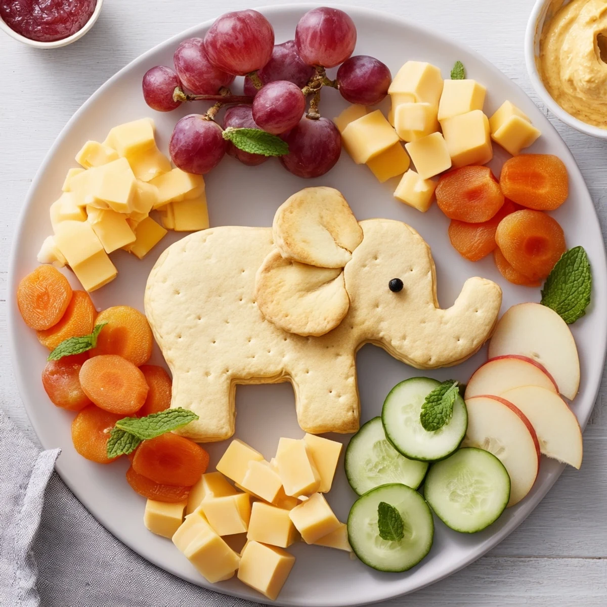 This festive Gentle Giant Elephant Cracker Board delights with cheese, grapes, and arranged elephant crackers ready to eat.