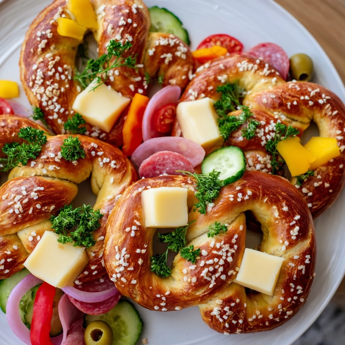 Warm, golden Bretzel Arbre de Vie platter, loaded with savory snacks, ready for a party.