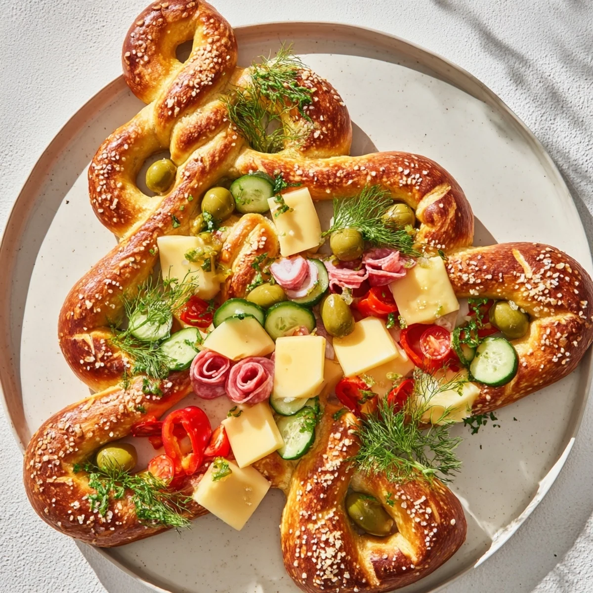 A rustic Bretzel Arbre de Vie, showcasing soft pretzels and colorful, fresh appetizer bites served with dips.