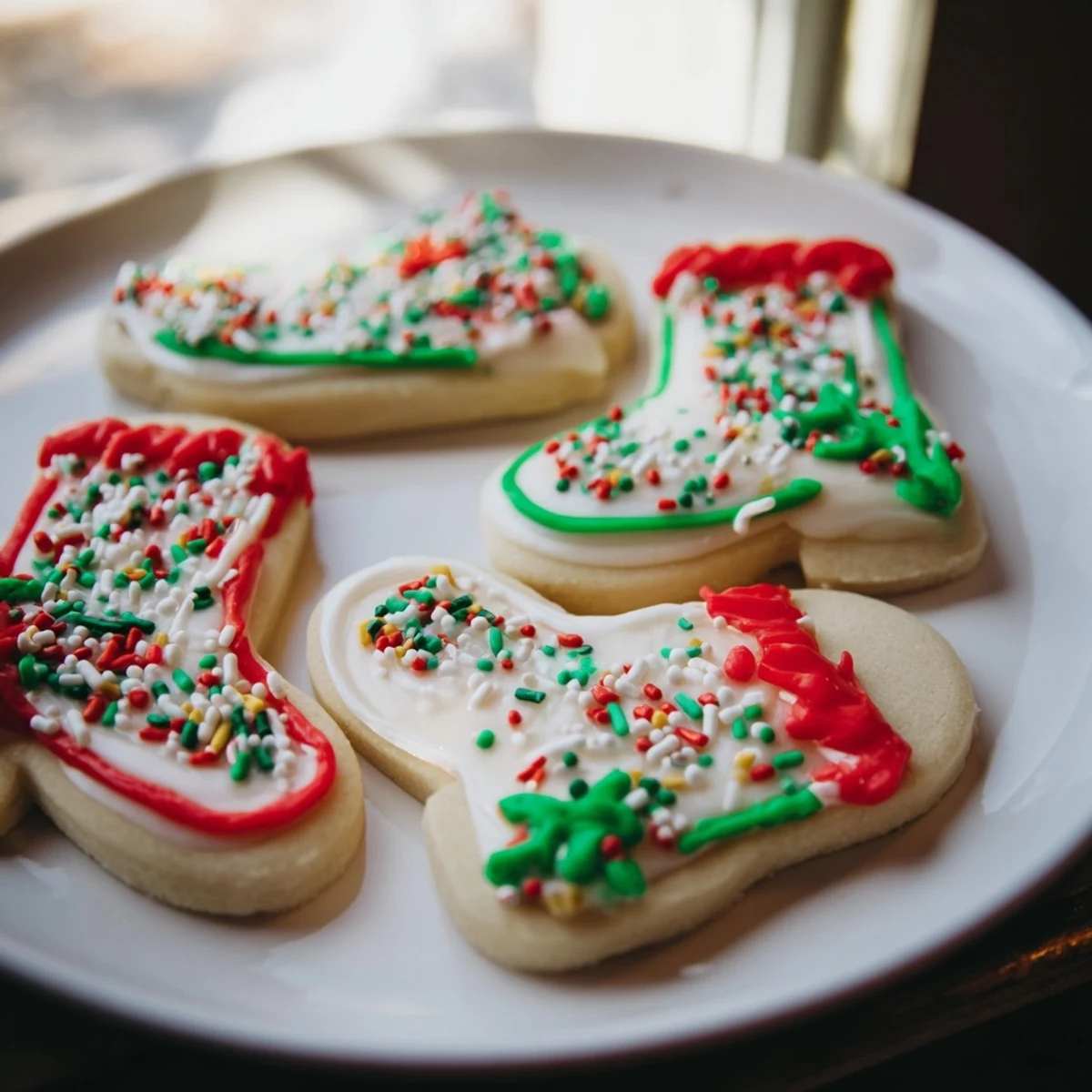 Freshly baked Christmas Boot-Shaped Delights, buttery vanilla cookies with festive icing and sprinkles.