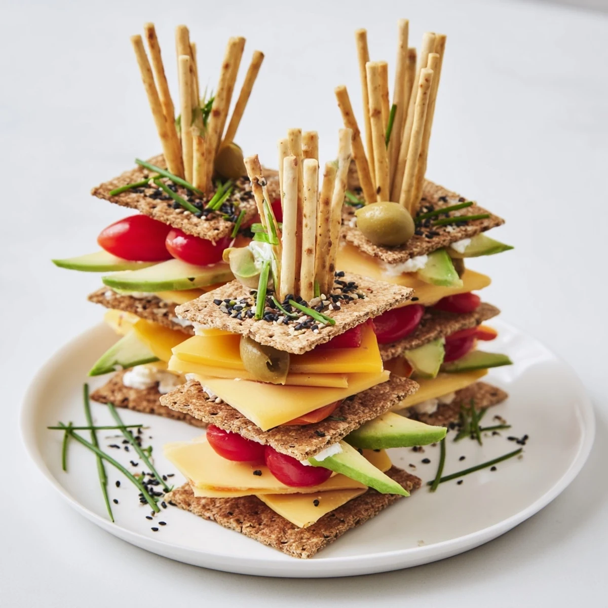 Urban Skyscraper Appetizers: an exciting appetizer platter with cheese and colorful vegetable building blocks.