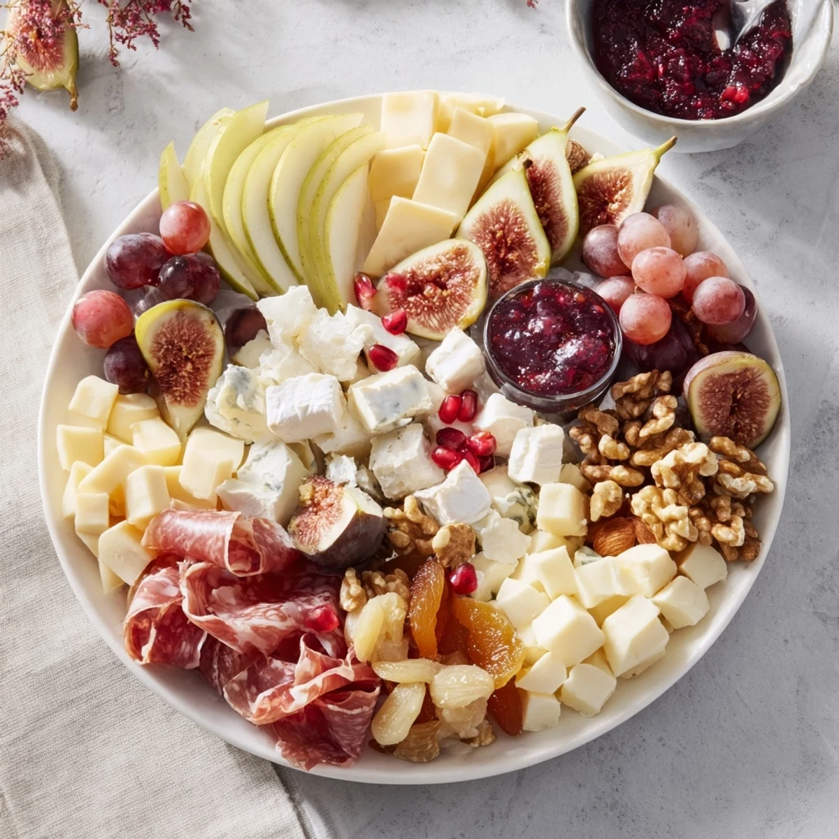 Moments Magiques Plateau Bonne Année 2026: A gorgeous platter overflowing with French cheeses, charcuterie and fruits ready to serve.