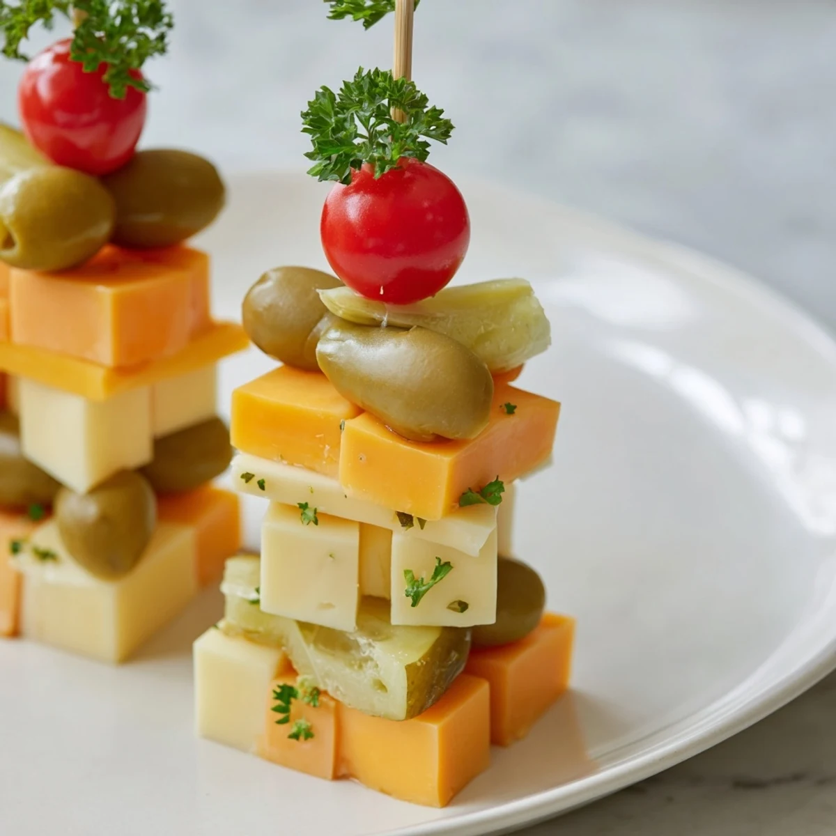 Delicious Festive Cube Cheese Stack with cheddar, gouda, and pepper jack, garnished with fresh, vibrant toppings.