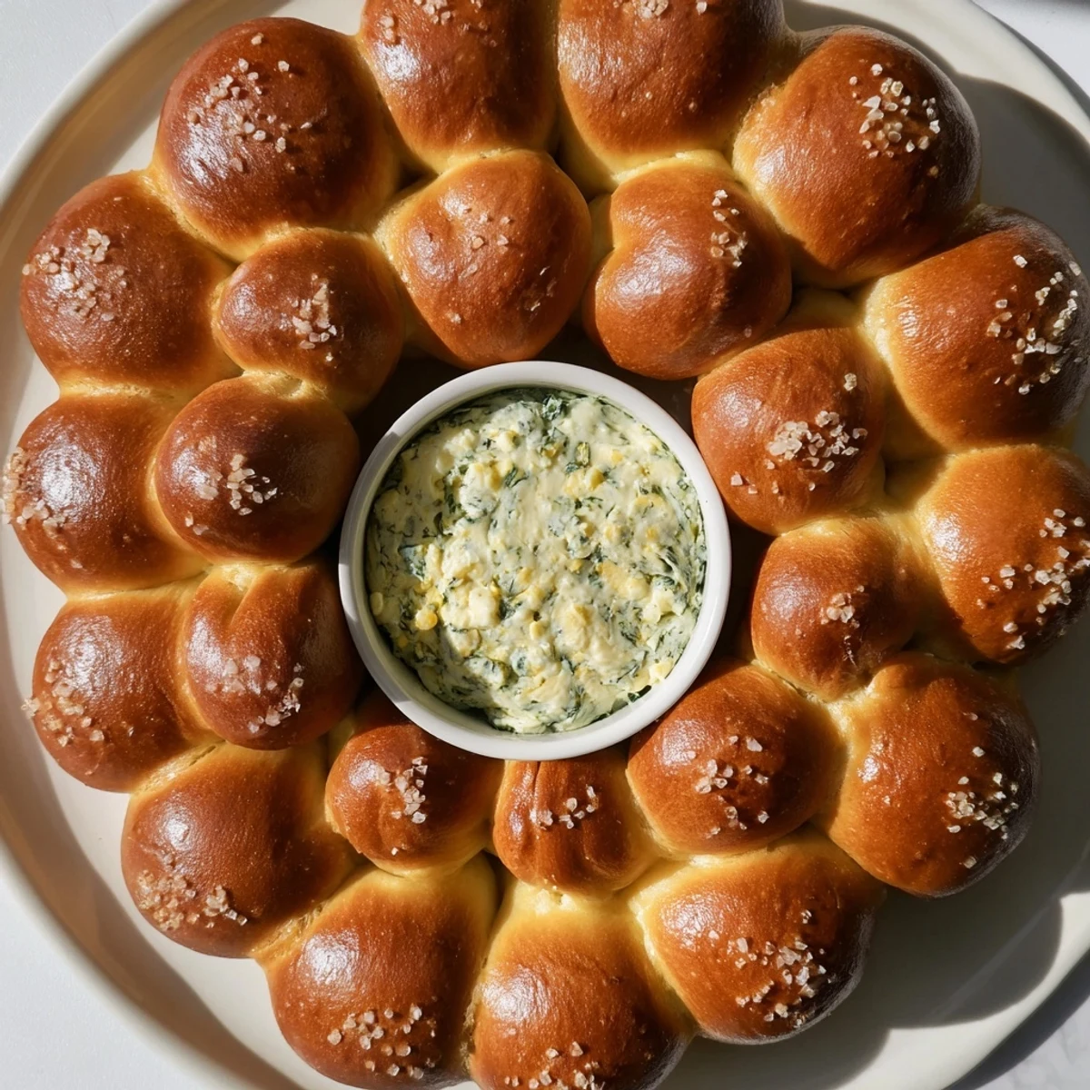 Golden, baked pretzel bites arranged in a festive Pretzel Wreath Dip Ring with cheesy spinach dip.
