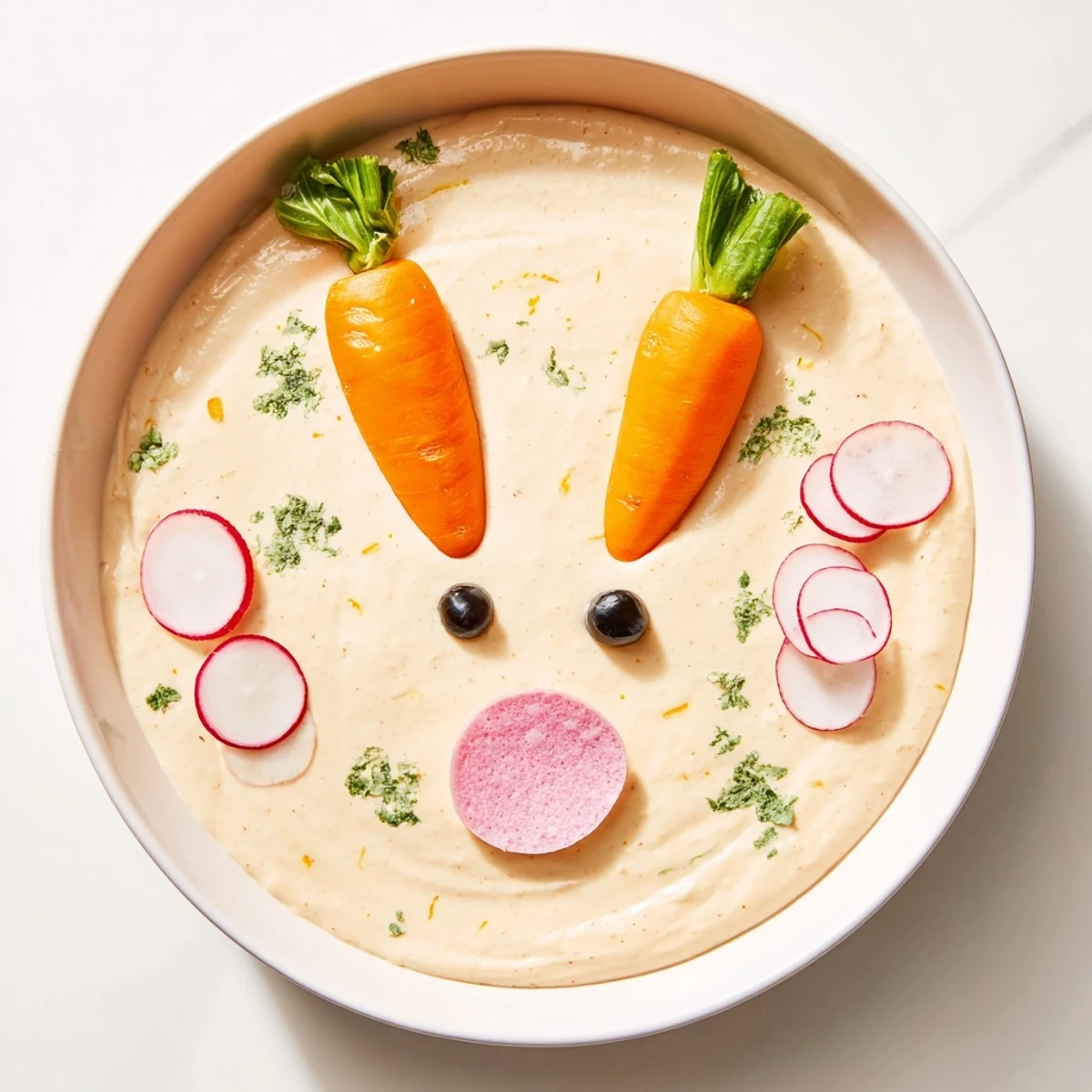 Piggy Face Dip Bowl surrounded with vibrant veggies and dippers, a fun appetizer.