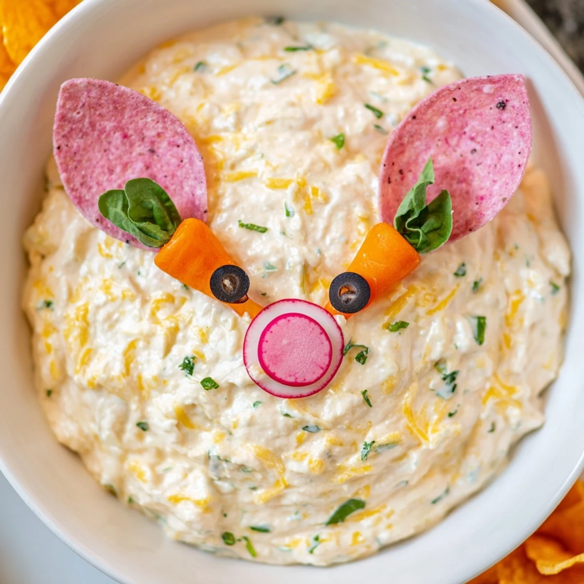 Whimsical Piggy Face Dip Bowl with a cheerful look and crunchy dippers, great for entertaining.