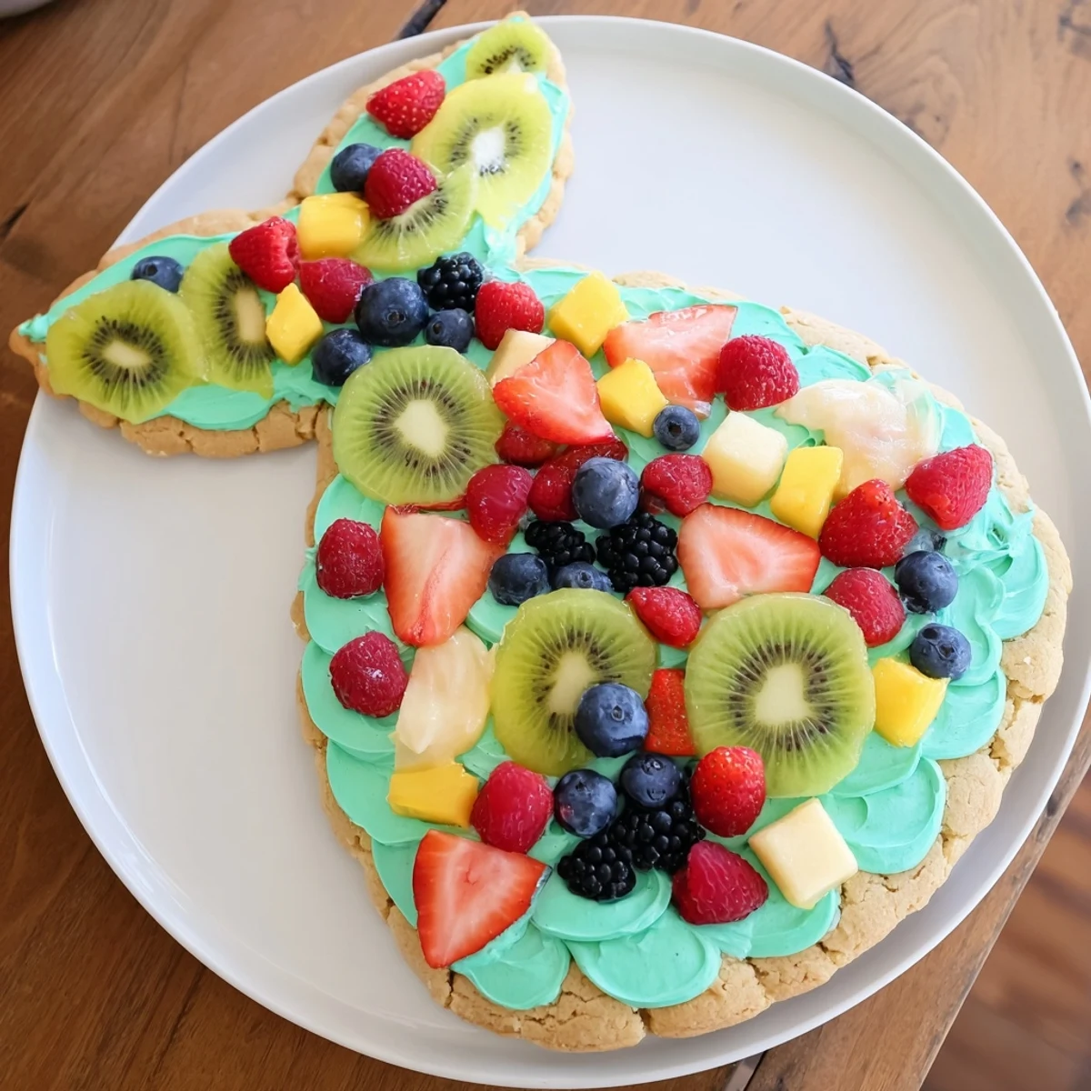 A colorful Under the Sea: Mermaid Tail Fruit Pizza with vibrant fruit scales on a frosted sugar cookie.