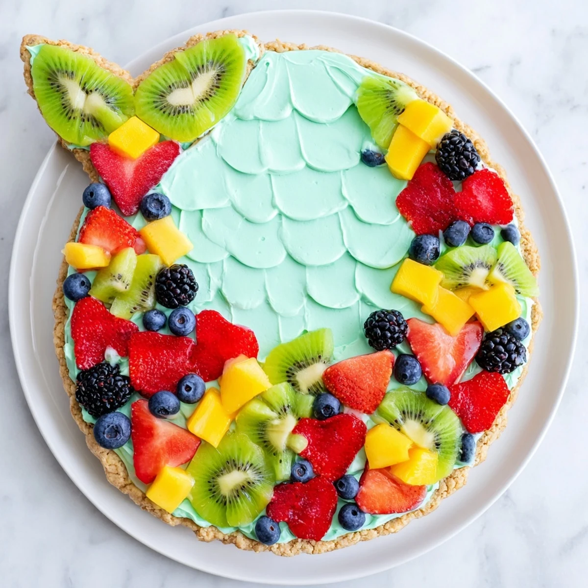 Fresh fruit, arranged like a mermaid's tail atop a creamy frosting, makes this fruit pizza delicious.