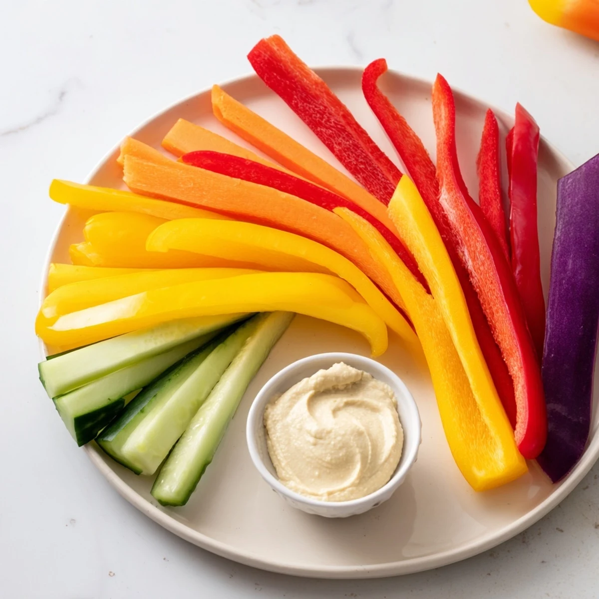 A beautiful plate of Rainbow Arch Veggie Sticks, featuring a spectrum of vibrant vegetables served with dip.
