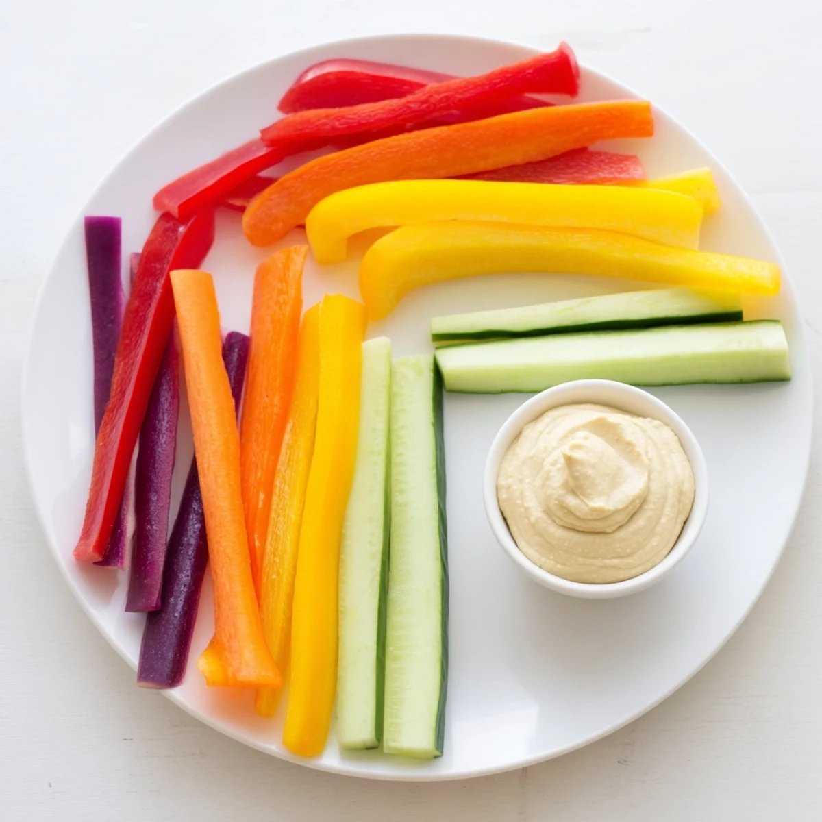 Fresh Rainbow Arch Veggie Sticks, a bright assortment of crunchy, colorful vegetables, ready to dip and enjoy.
