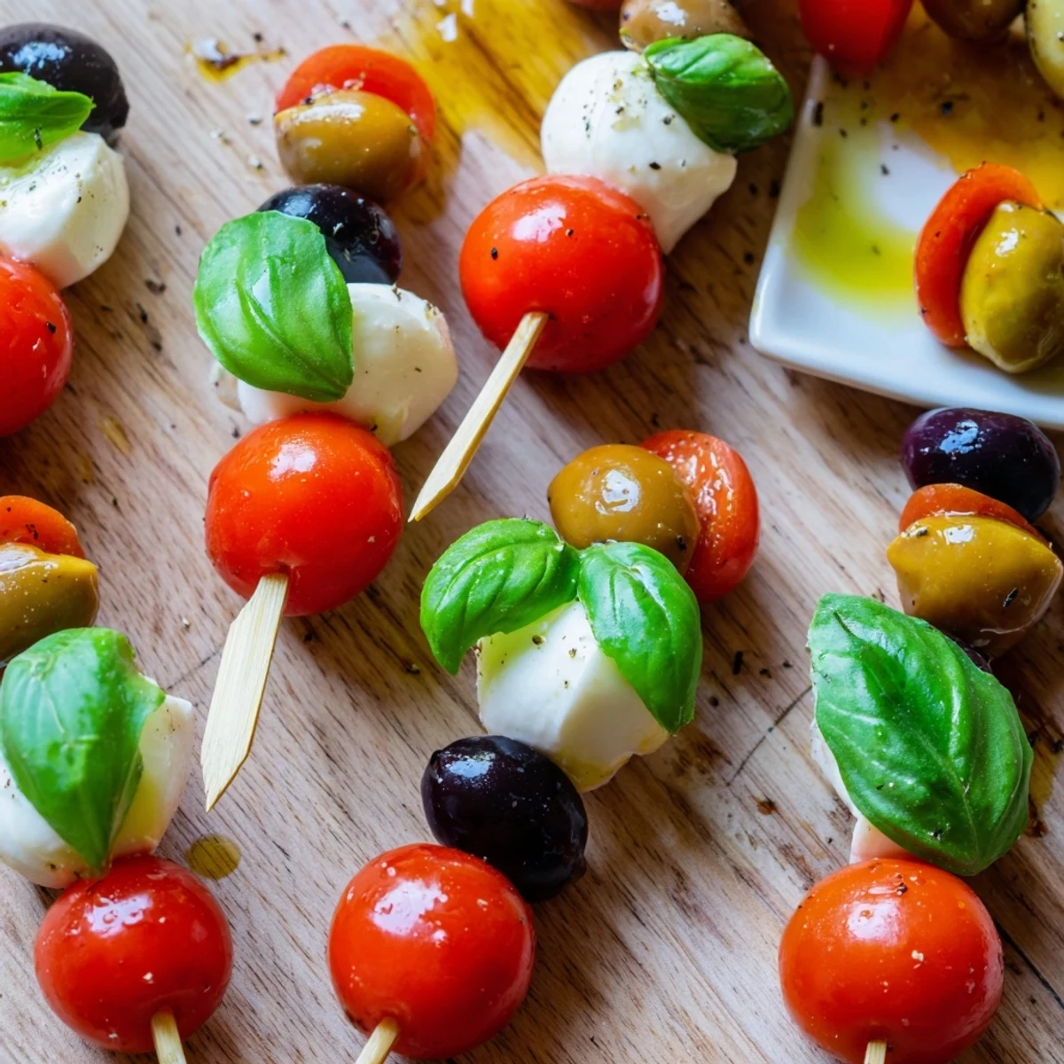Christmas Lights Olive and Tomato Skewers: bright red and green appetizer skewers perfect for holiday parties.
