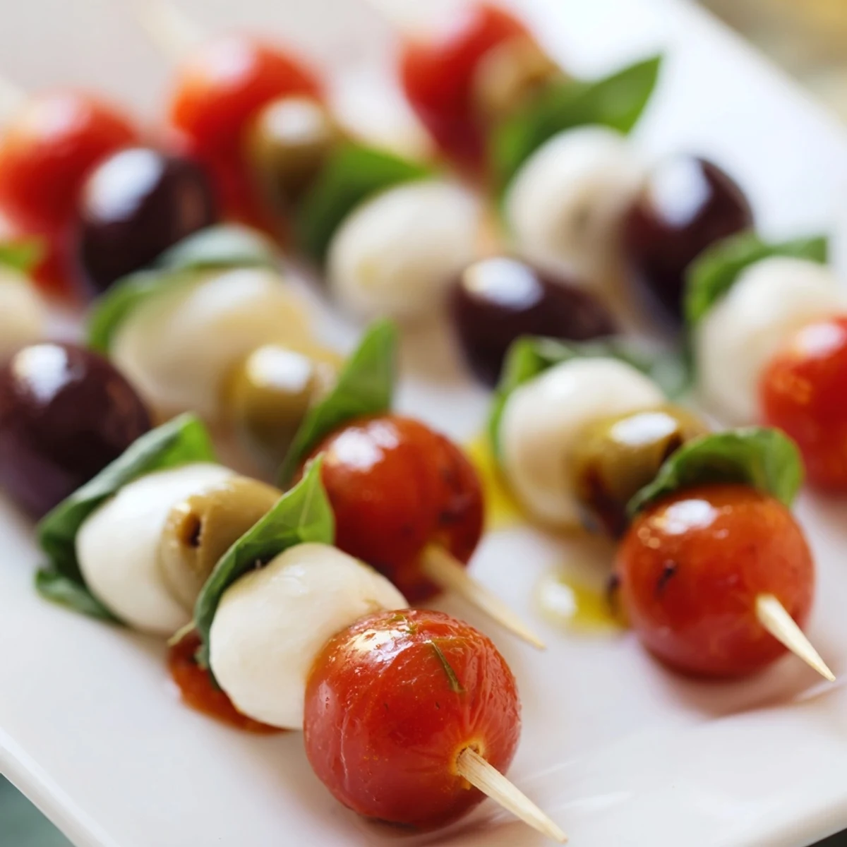 Festive Christmas Lights Olive and Tomato Skewers with fresh basil and mozzarella look delicious and ready to eat.