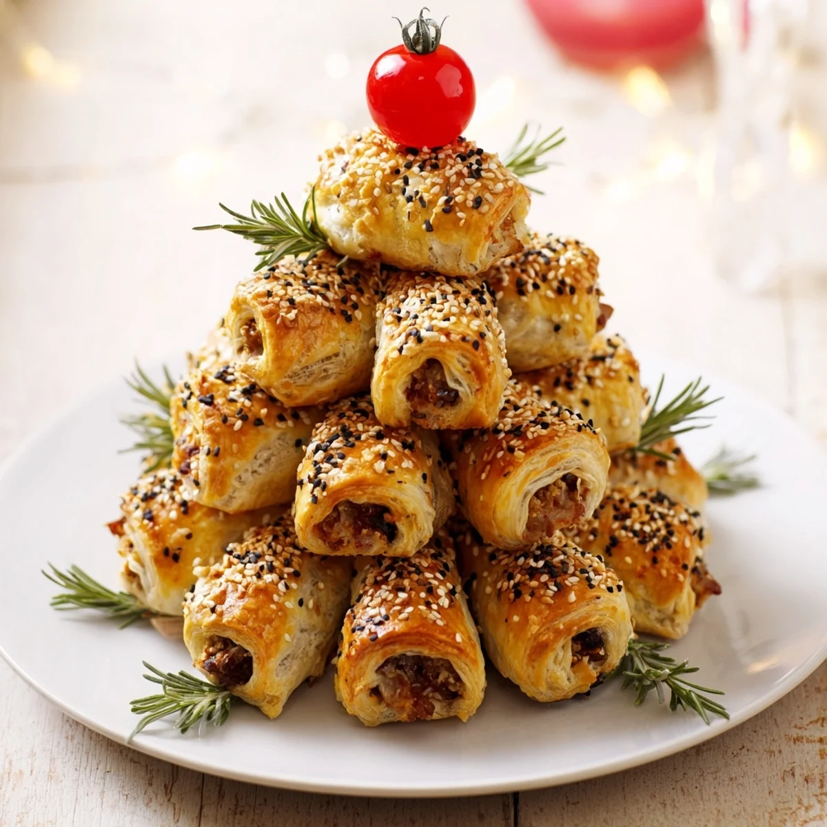 Golden, flaky Savory Bites: Mini Sausage Roll Christmas Tree appetizer, perfect for holiday parties.