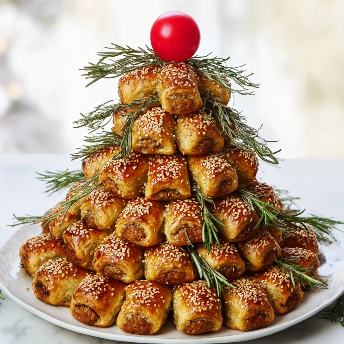 Delicious baked Savory Bites: Mini Sausage Roll Christmas Tree with rosemary and cherry tomato garnish.