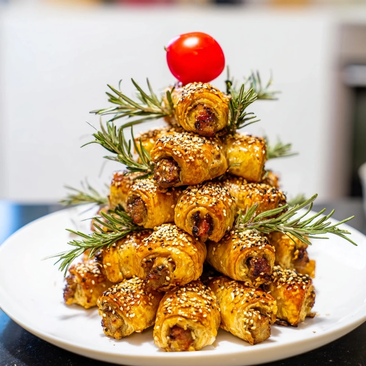 Close-up of baked Savory Bites: Mini Sausage Roll Christmas Tree, showing a festive Christmas tree shape.