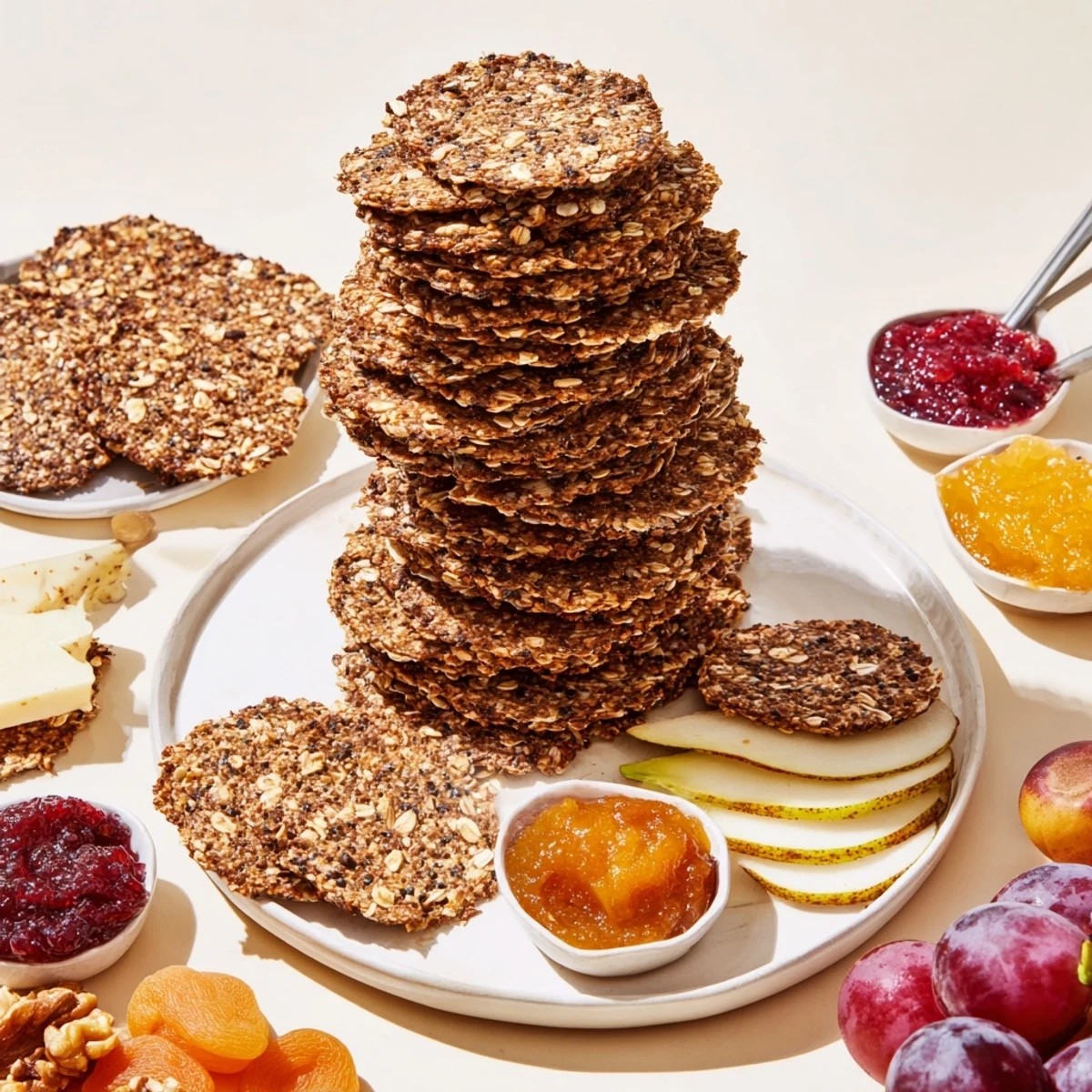 Gourmet Crackers: a tall, elegant tower of crackers boasts colorful preserves and fresh fruit.