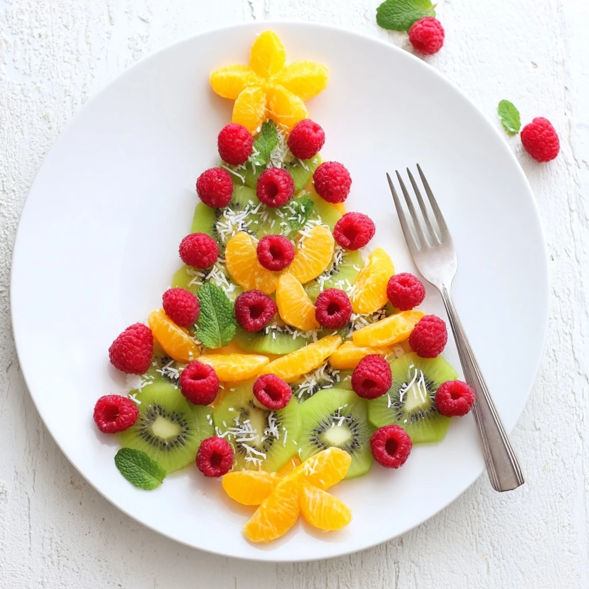 Vibrant Kiwi and raspberry Christmas tree fruit plate, a refreshing and festive appetizer for the holidays.